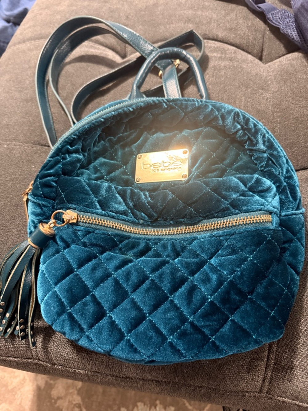 Bebe Teal Quilted Velvet Mini Backpack with Tassel
